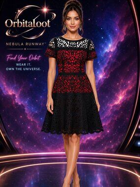 NEW SHANI Collection Black Red Laser Cut Fit & Flare Designer Party Dress Sz 10